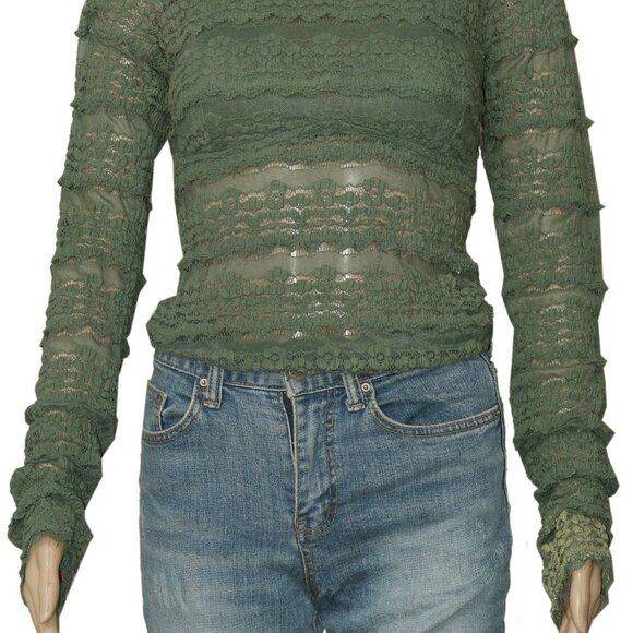 Free People Angelina Bodysuit Army Green Mock Neck Lace Sheer Top L - Picture 5 of 7